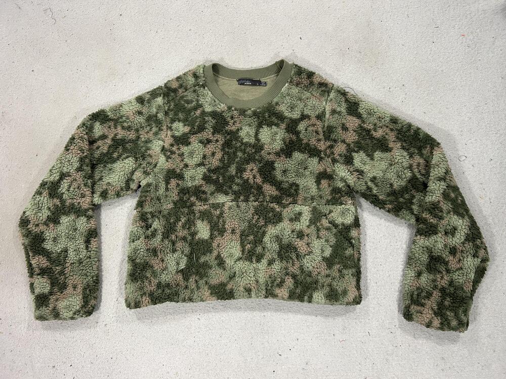 prAna Sweater Womens Large Green Camo Sherpa Fleece Crewneck Pullover Pocket